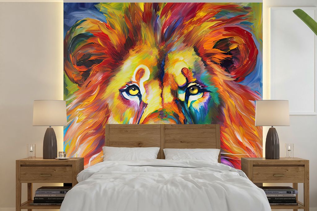 MuchoWow Fototapete für Wohnzimmer oder Schlafzimmer Wandtapete Vinyl Motivtapete Löwe - Ölgemälde - Kunst - Tiere - 300x300 cm - Wanddekoration