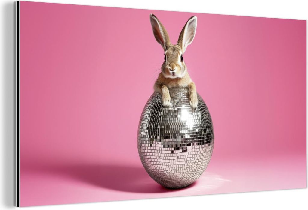 MuchoWow Wanddekoration Metall Metallbild Wandkunst 80x40 cm Hase - Schleife -Diskokugel MuchoWow Aluminium Gemälde - Wanddekoration - Alubild