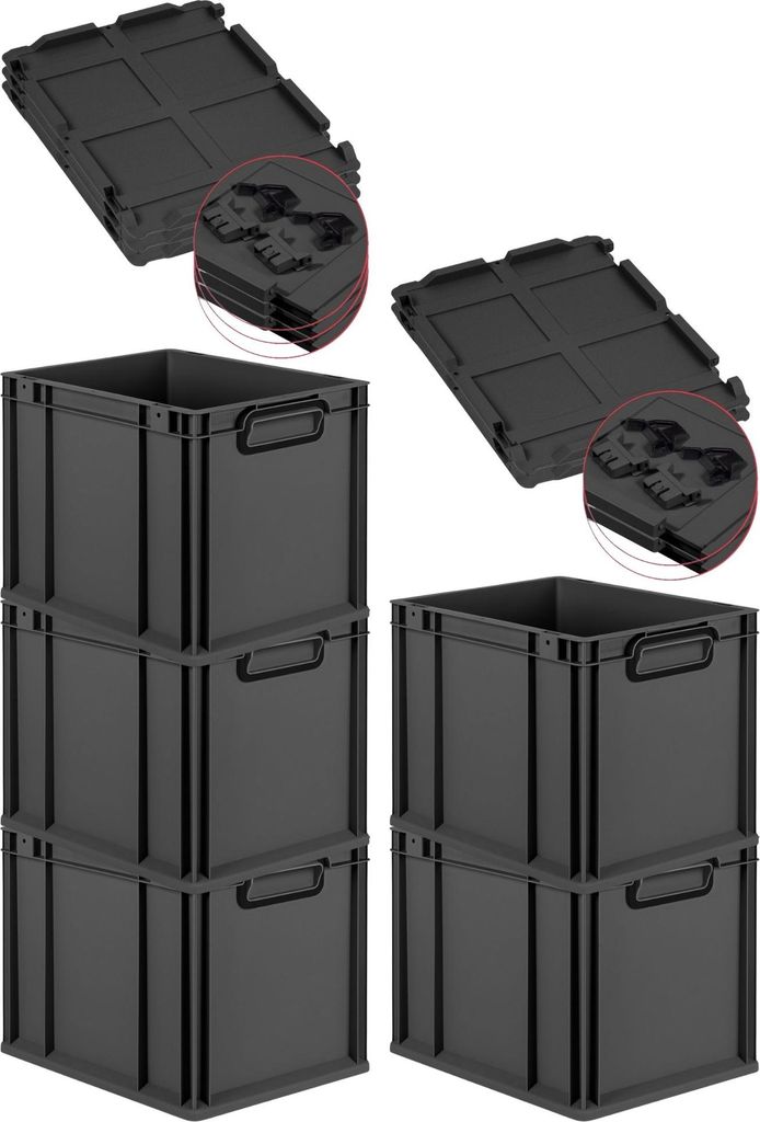 SuperSparSet 5x Eurobox NextGen Color mit Scharnierdeckel und Schiebeschnappverschlüssen | HxBxT 32x30x40cm | 30 Liter | Schwarz | Griffe schwarz ...