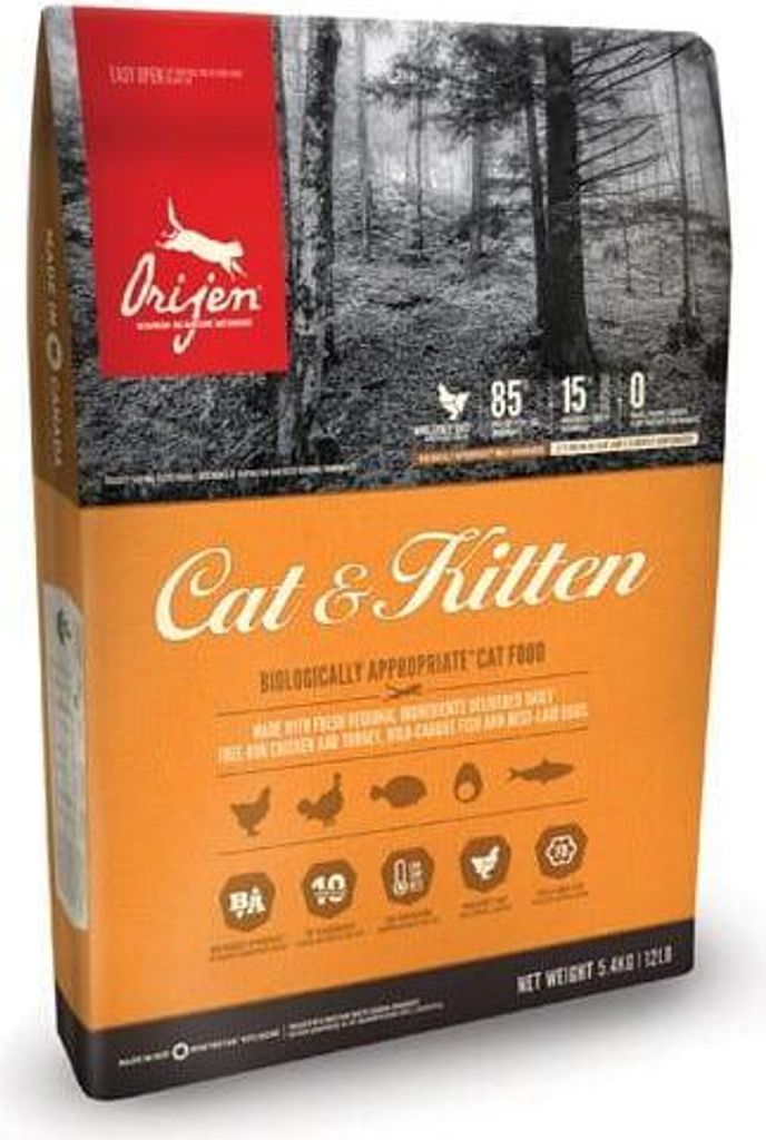A bag of Orijen Cat & Kitten food with a forest scene on the upper portion.