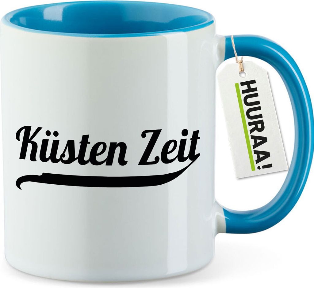 Huuraa Kaffeetasse Küsten Zeit Schriftzug 330ml Blau Keramik Kaffeebecher Geschenkidee