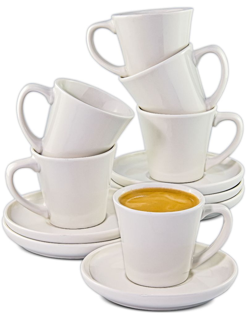 Cosumy Espressotassen Set 6er Weiß mit Untertassen - Keramik - Hält Lange Warm -
