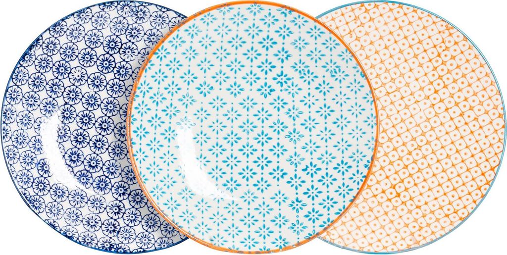 Nicola Spring handbedruckte Beilagenteller – 18 cm – 3 Farben – 6er-Pack
