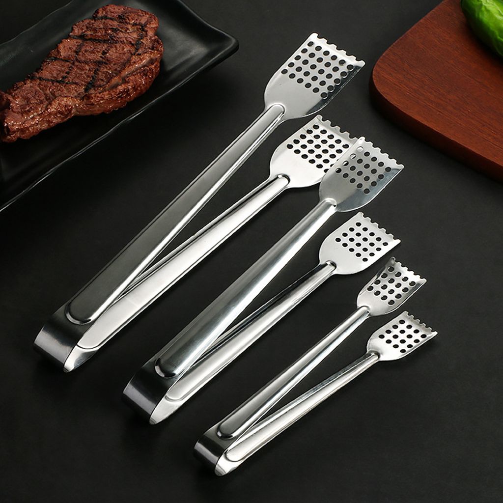 Lebensmittelzange aus Edelstahl, hitzebeständig, langer Griff, multifunktional, für Steak, Fleisch, Grill, Buffet, Brot, Servierklammer, Lochklem...