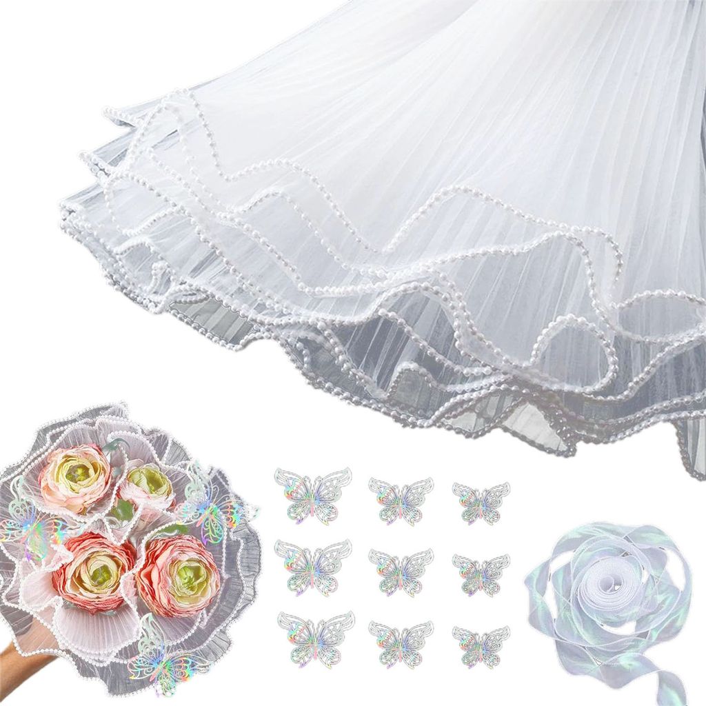 1 Set Blumen-Geschenkpapier aus Netzstoff, weißes Spitzenband mit Kunstperlen, 3D-Schmetterlinge, Blumenstrauß-Verpackungsset, Floristenbedarfs-Sets