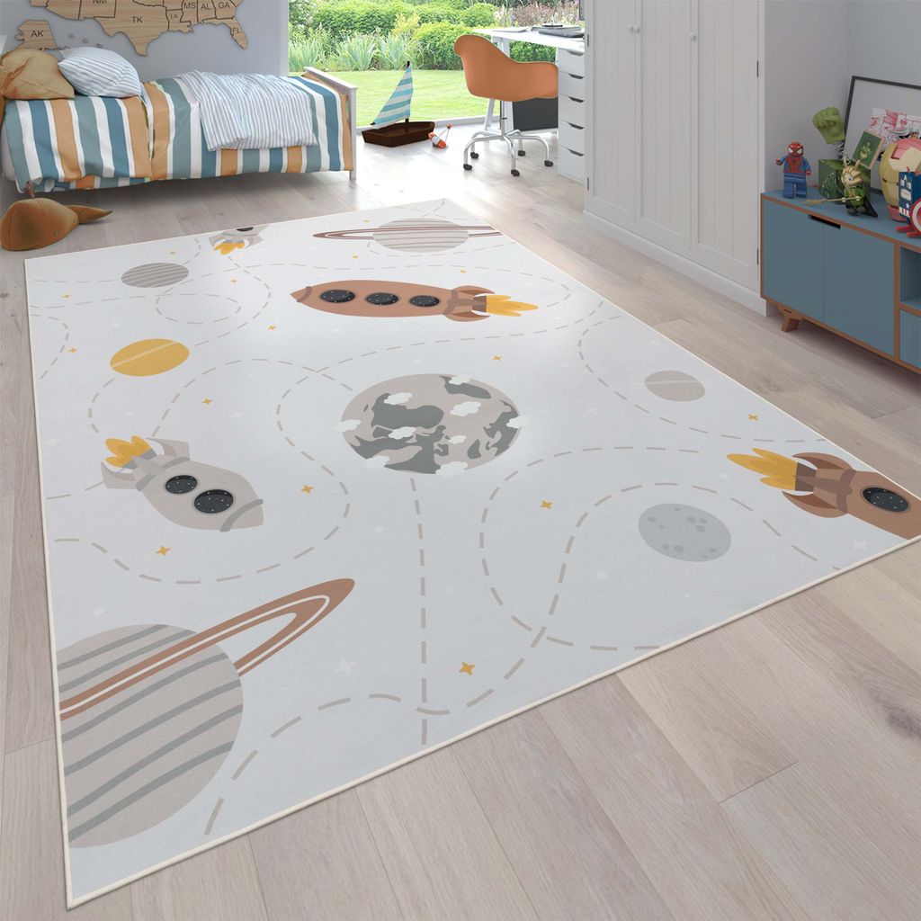 Teppich Kinderzimmer Kinderteppich Rutschfest Rakete Planet Sterne Beige Braun Gelb Grösse 200 cm Quadrat