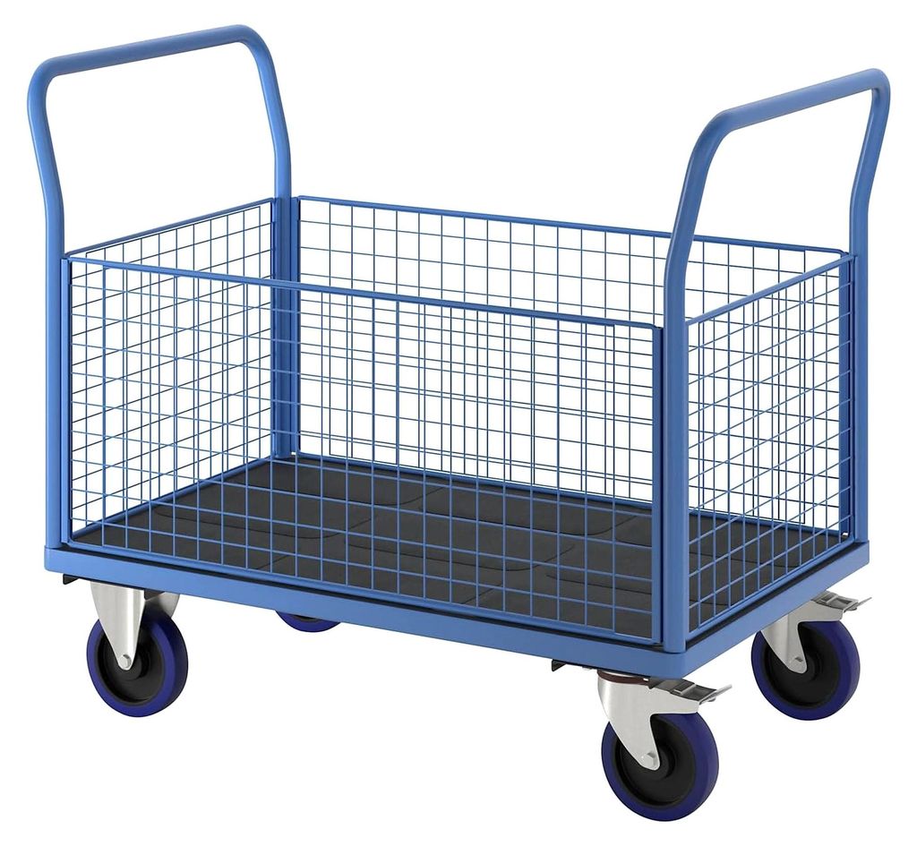 Plattformwagen mit Gitterwänden | Vollelastik-Rollen | 4 hohe Gitter | LxB 1200 x 750 mm