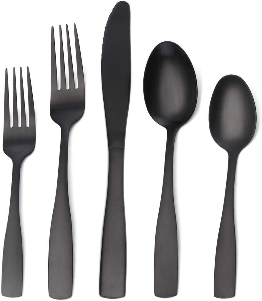 Mattschwarzes Silberbesteck-Set, 5-teiliges Edelstahl-Besteckset mit Satin-Finish, Tafelbesteck-Set für 2 Personen, Küchenutensilien, spülmaschi...