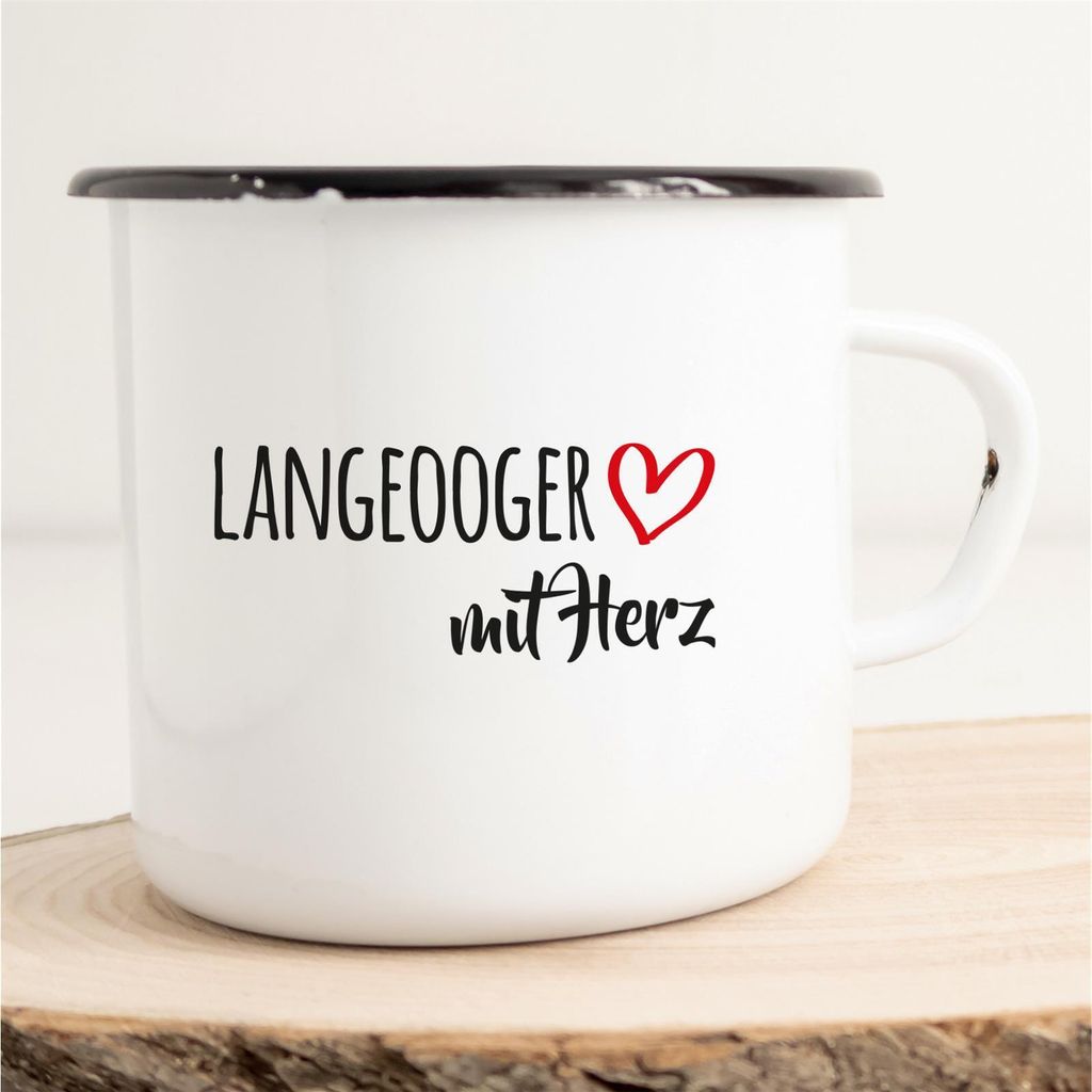 Huuraa Emaille Tasse Langeooger mit Herz 300ml Vintage Campingbecher Geschenkidee