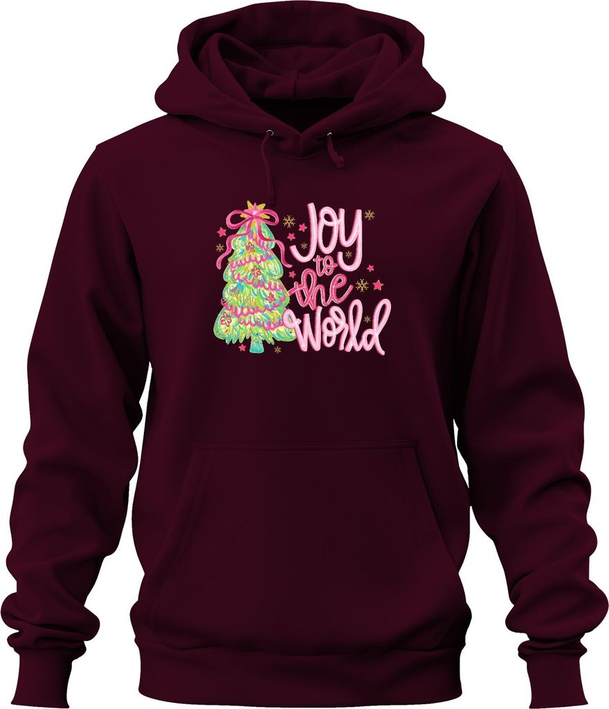 Joy to the World Weihnachtsbaum Weihnachten Geschenk Pink Glitzer Uni Hoodie Kapuzenpullover, Burgundy, 3XL