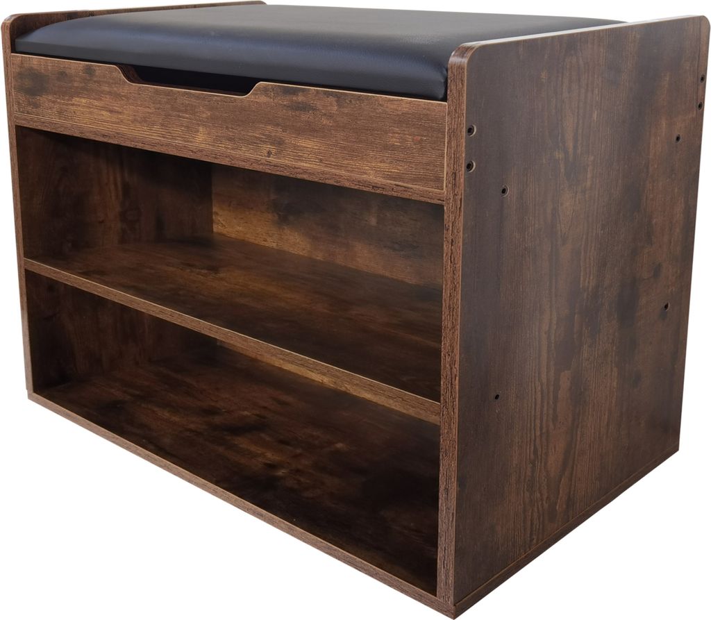 A shoe cabinet with a padded seat on top, shown against a white background.
