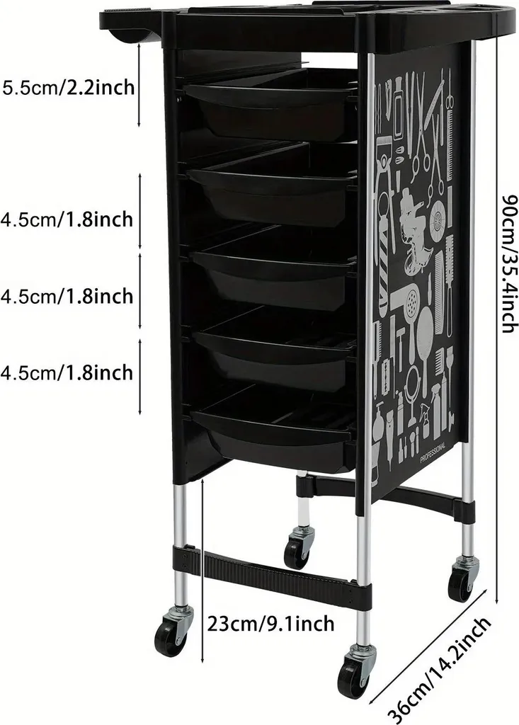 Trolley de coiffure professionnel avec tablette rabattable et 5 bacs