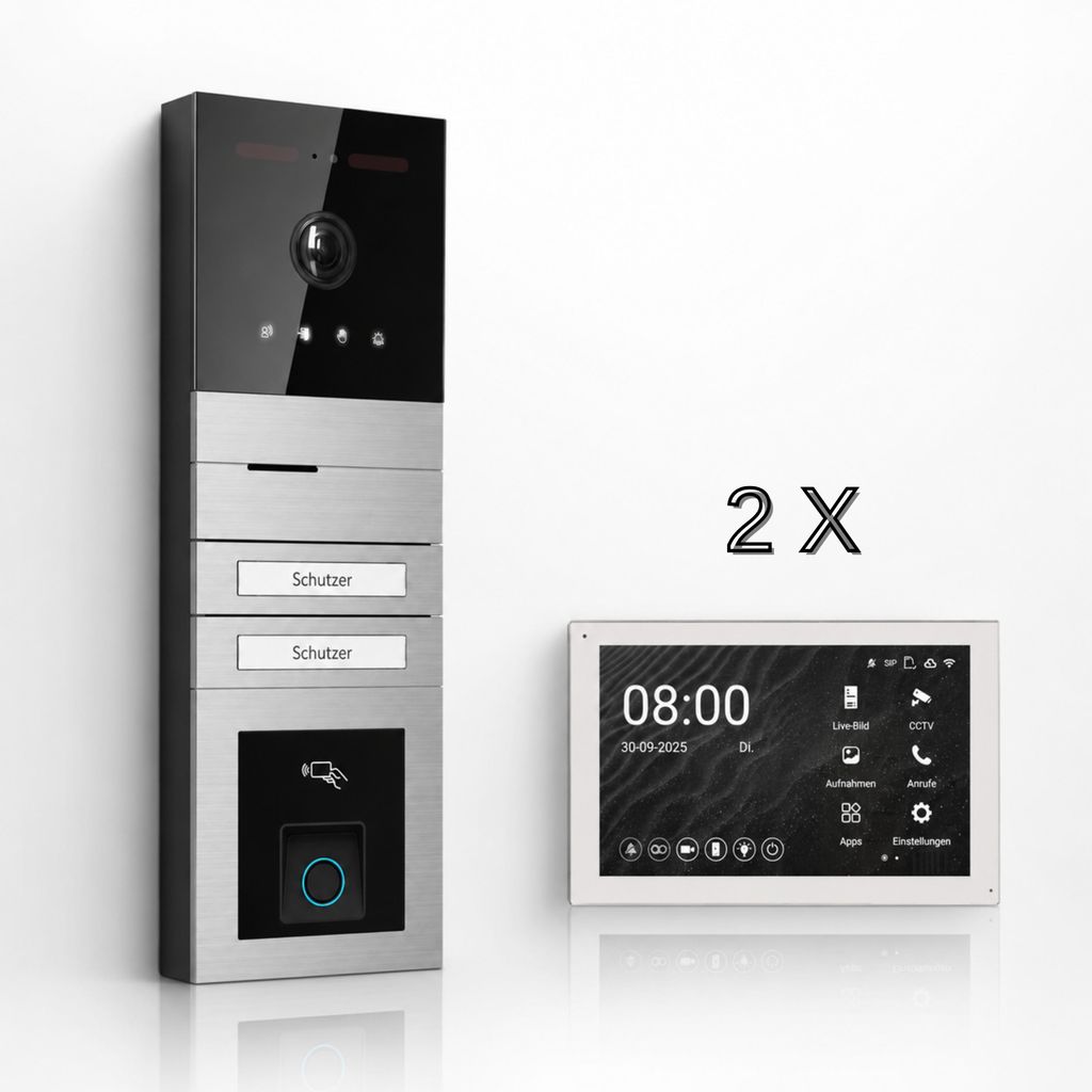 BALTER EVO HD PRO Premium Komplettsystem Aufputz für 2 Familien mit 2x 7 Zoll WLAN Monitor Weiß & Full-HD Kamera aus Edelstahl mit RFID Zutrittsm...
