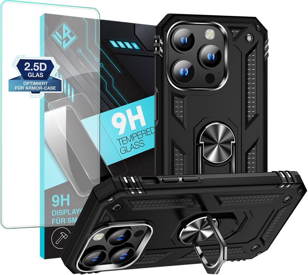 Armor Outdoor Handyhülle für Apple iPhone 15 Pro Max Handy Panzer Case Schutzhülle mit 9H Displayglas Displayschutz Farbe: Schwarz