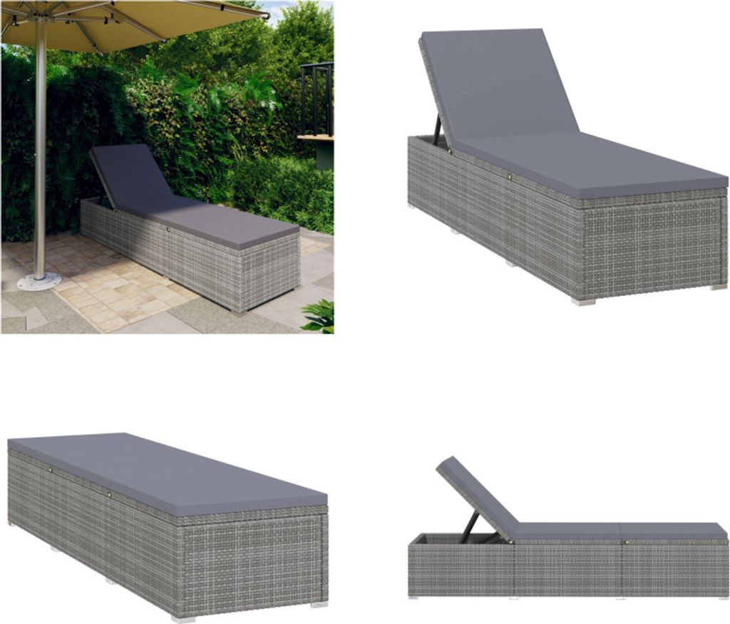 vidaXL Sonnenliege mit Auflage Poly Rattan Grau - Sonnenliege - Sonnenliegen - Gartenliege - Gartenliegen