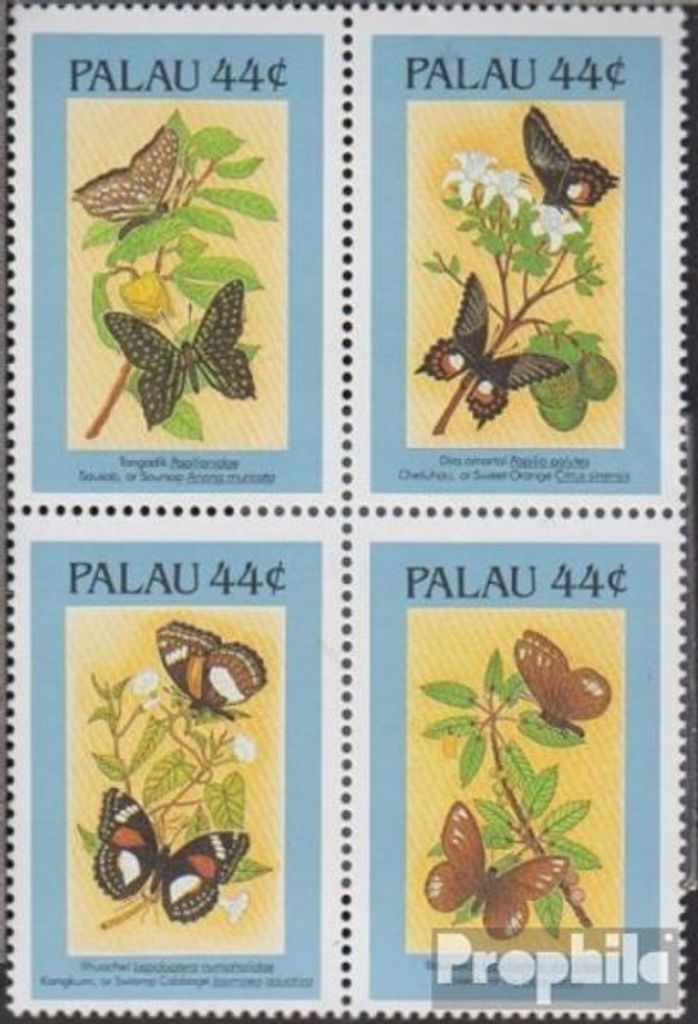 Briefmarken Palau-Inseln 1987 Mi 168-171 Viererblock (kompl.Ausg.) postfrisch Schmetterlinge + Pflanzen