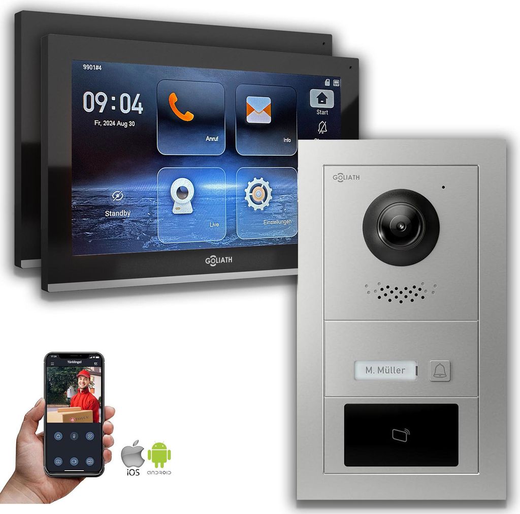 Goliath IP Video Türsprechanlage mit Kamera 10-Zoll RFID Silber : 10 Zoll in Schwarz : Unterputzdose : 2 Monitore Anzahl: 2 Monitore Farbe: 10 Zol...