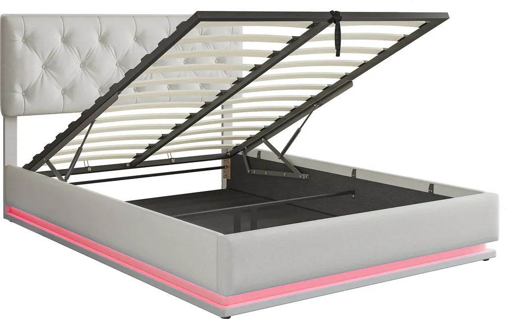 Lit LED 140x200cm en lin beige avec tête de lit réglable et rangement