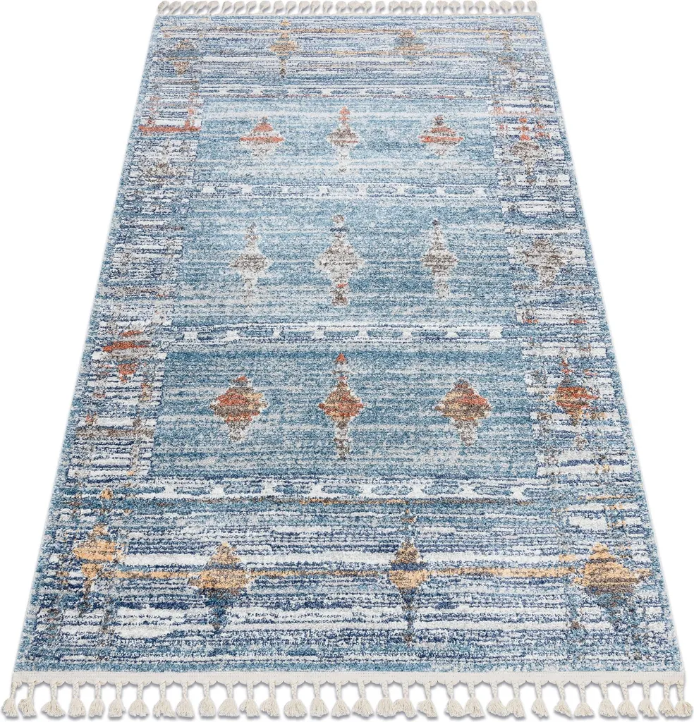 Tapis déco 160x220 cm pour salon bleu et beige moderne avec ses pompons