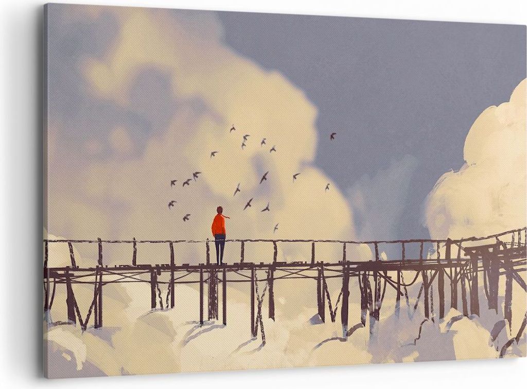 Bild auf Leinwand - Leinwandbild - Wolken Brücke Vögel Landschaft - 100x70cm - Wand Bild - Wanddeko - Leinwanddruck - Bilder - Kunstdruck - Wandd...