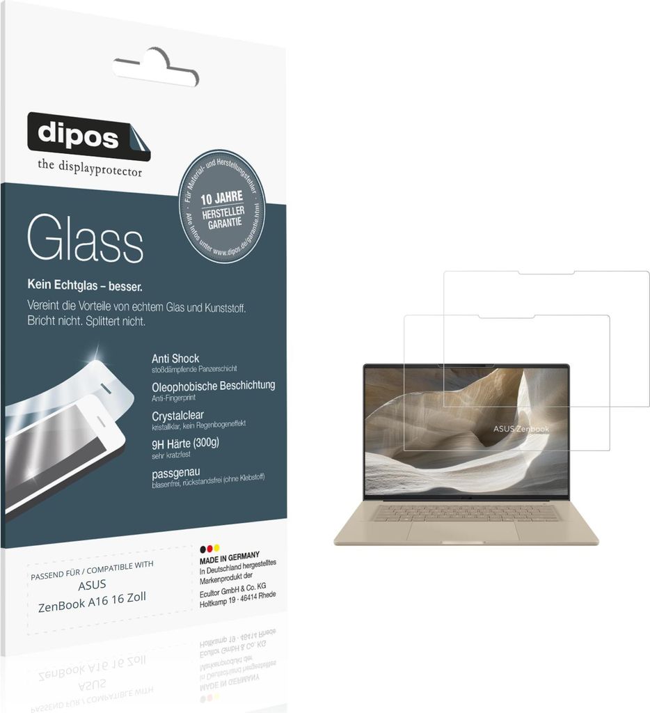2x Schutzfolie für ASUS ZenBook A16 16 Zoll - Anti-Shock 9H Folie dipos Glass Kunststoffglas
