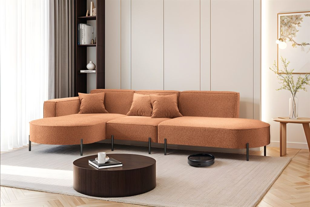 Ecksofa Designersofa VALENCIA in Stoff Quelle Ziegelbraun Ottomane Links