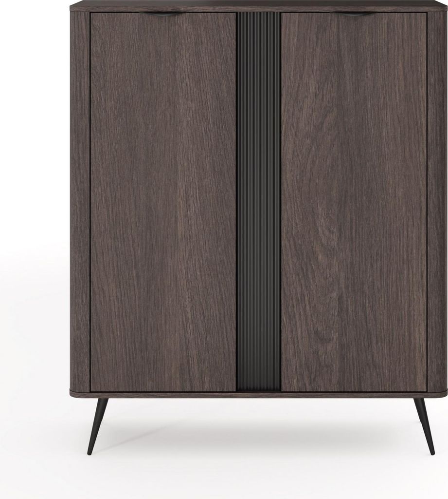 A front view of a dark brown wooden cabinet with a black ribbed vertical accent.