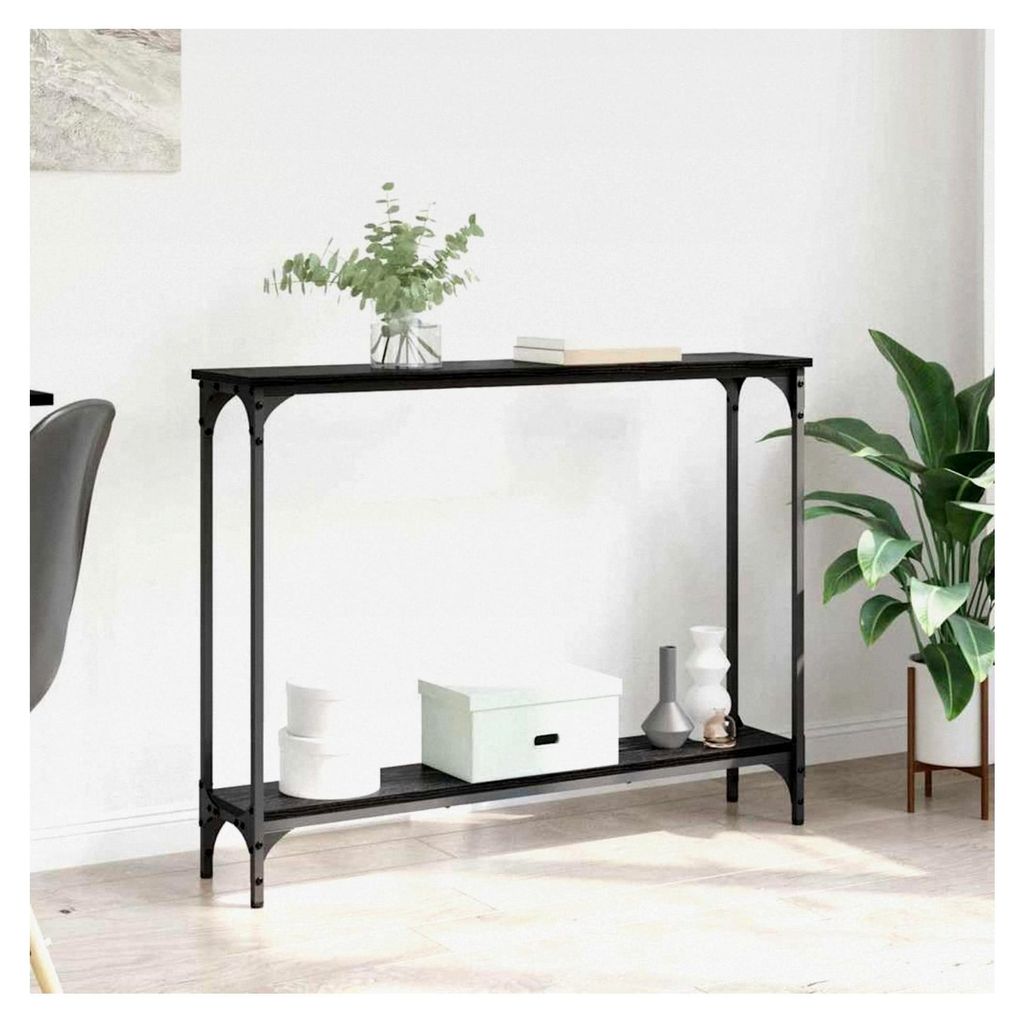 Konsolentisch in Schwarz Eichen-Optik, 100x22,5x75 cm, mit Regal, Metallrahmen, schmaler Beistelltisch für Flur, Wohnzimmer, Büro, stabiler Ablag...
