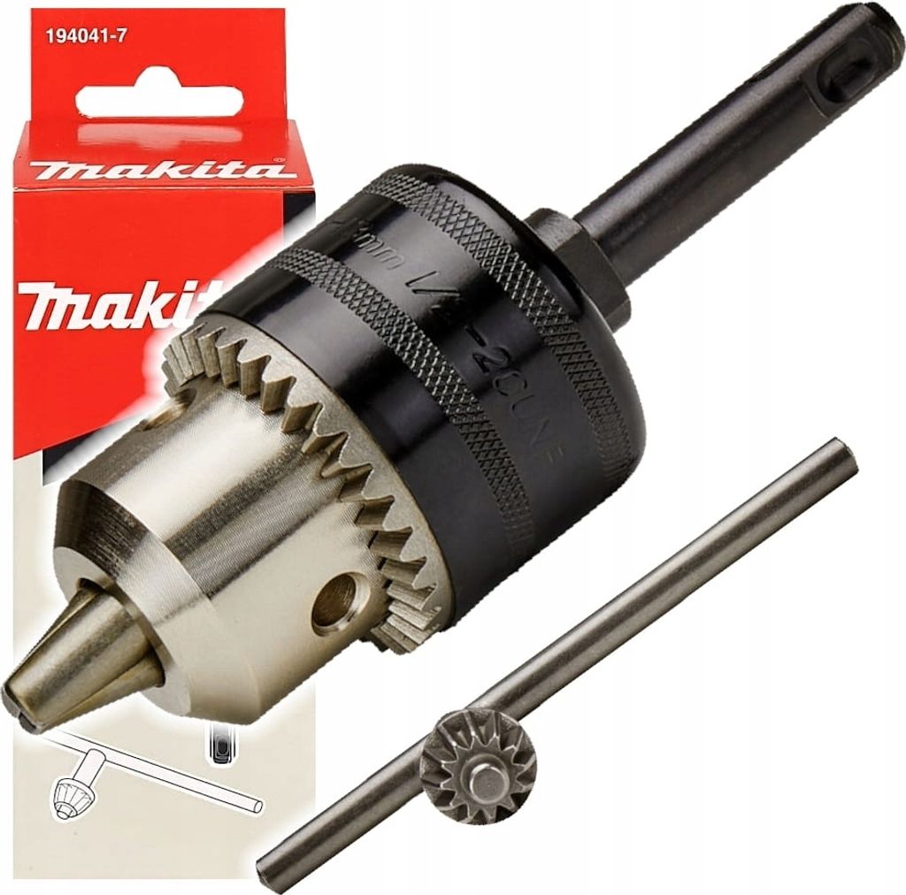 A drill chuck and its key are displayed against a white background, with a red and white product box partially visible.