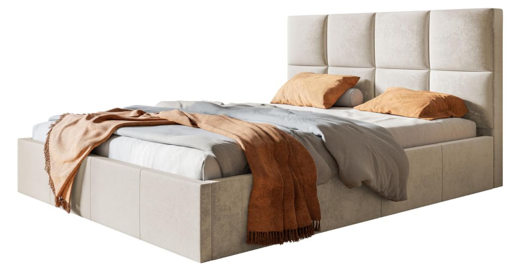 Bett Roma 160x200, Bettkasten und Metallrahmen, Jasminstoff, Beige
