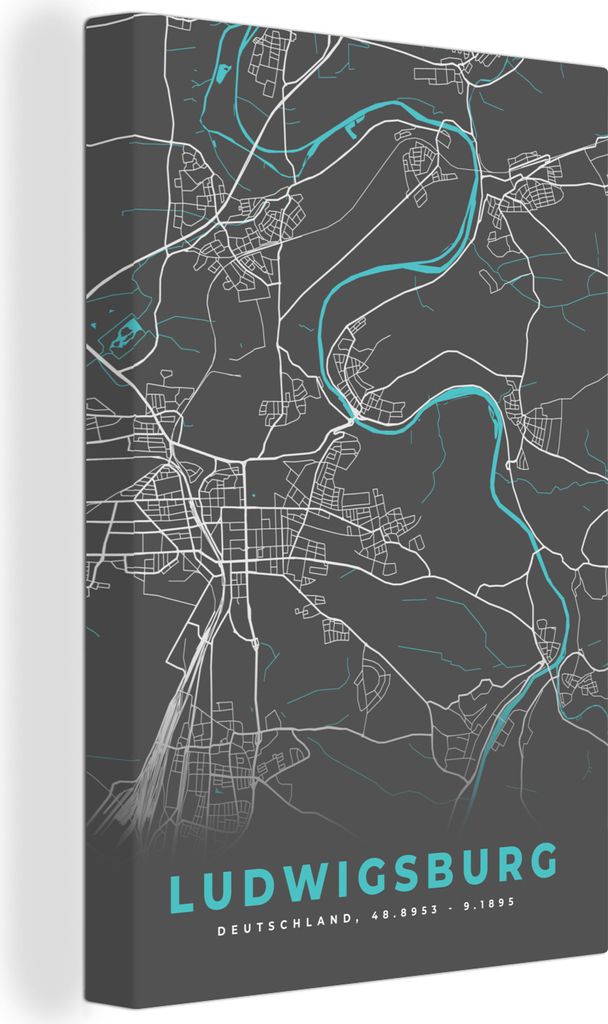 OneMillionCanvasses - Leinwandbilder - 90x140 cm, Stadtplan - Ludwigsburg - Deutschland - Karte, Wandbilder Kunstdruck Wanddekoration - Foto auf ...