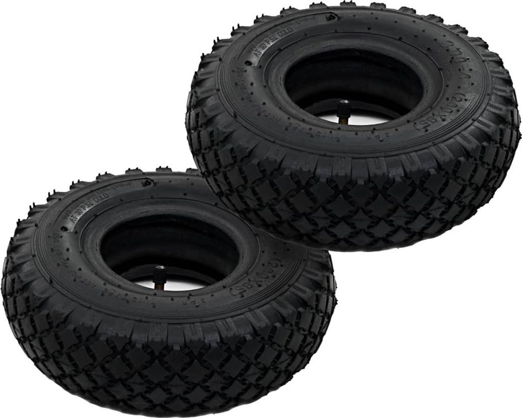 Two black rubber tires with inner tubes are shown against a white background.