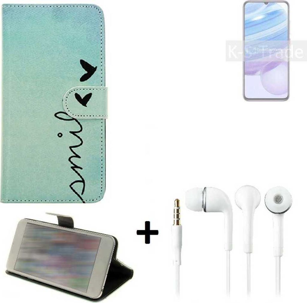 K-S-Trade Schutz Hülle Handy Hülle kompatibel mit Xiaomi Redmi 10X Pro 360° Wallet Case Schutz Hülle ''smile'' inkl. Ohrstöpsel Smartphone cover