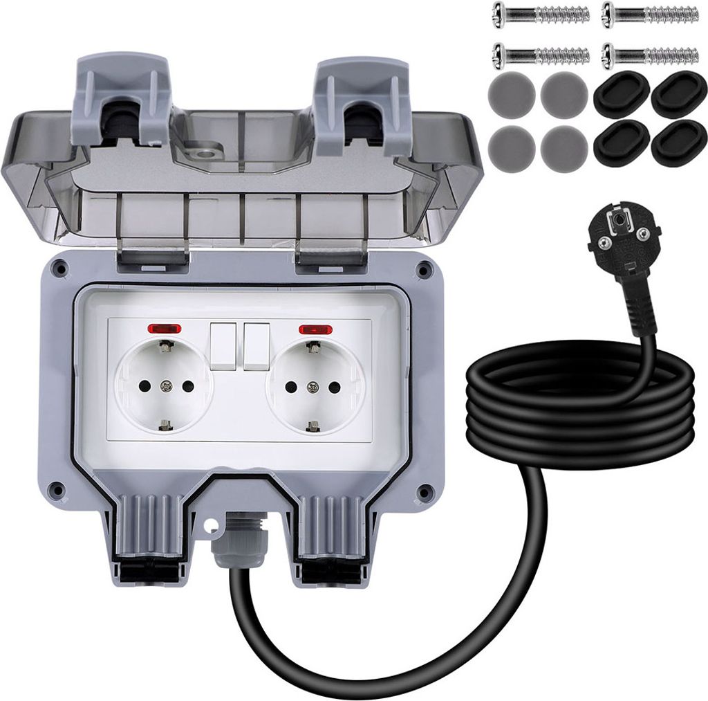 Außensteckdose EU IP66 Wasserdicht Aufputz Feuchtraum Steckdosen Wandsteckdosen Mit Deckel Schalter, 3M