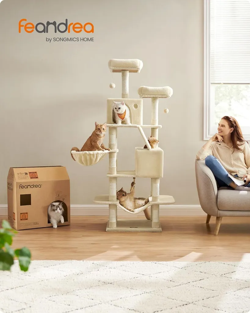 Arbre à chat Feandrea 168 cm avec 13 griffoirs et Double Grotte - Gris