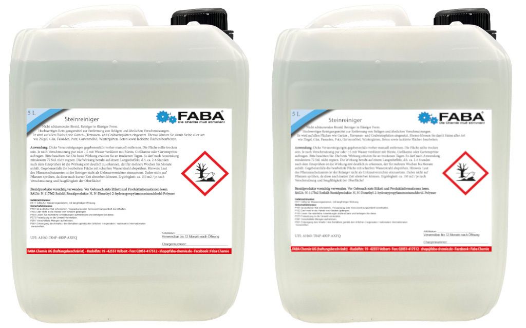 FABA Steinreiniger 2 x 5 L Konzentrat hochwertiges Reinigungsmittel, Wegreiniger für Terrasse und Pflaster, Belagentferner