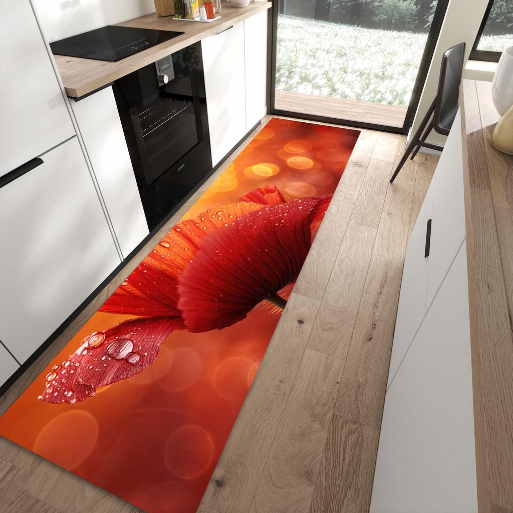 Küchenteppich 80x300cm rutschfest & abwischbar PVC Läufer - Roter Blütentropfen