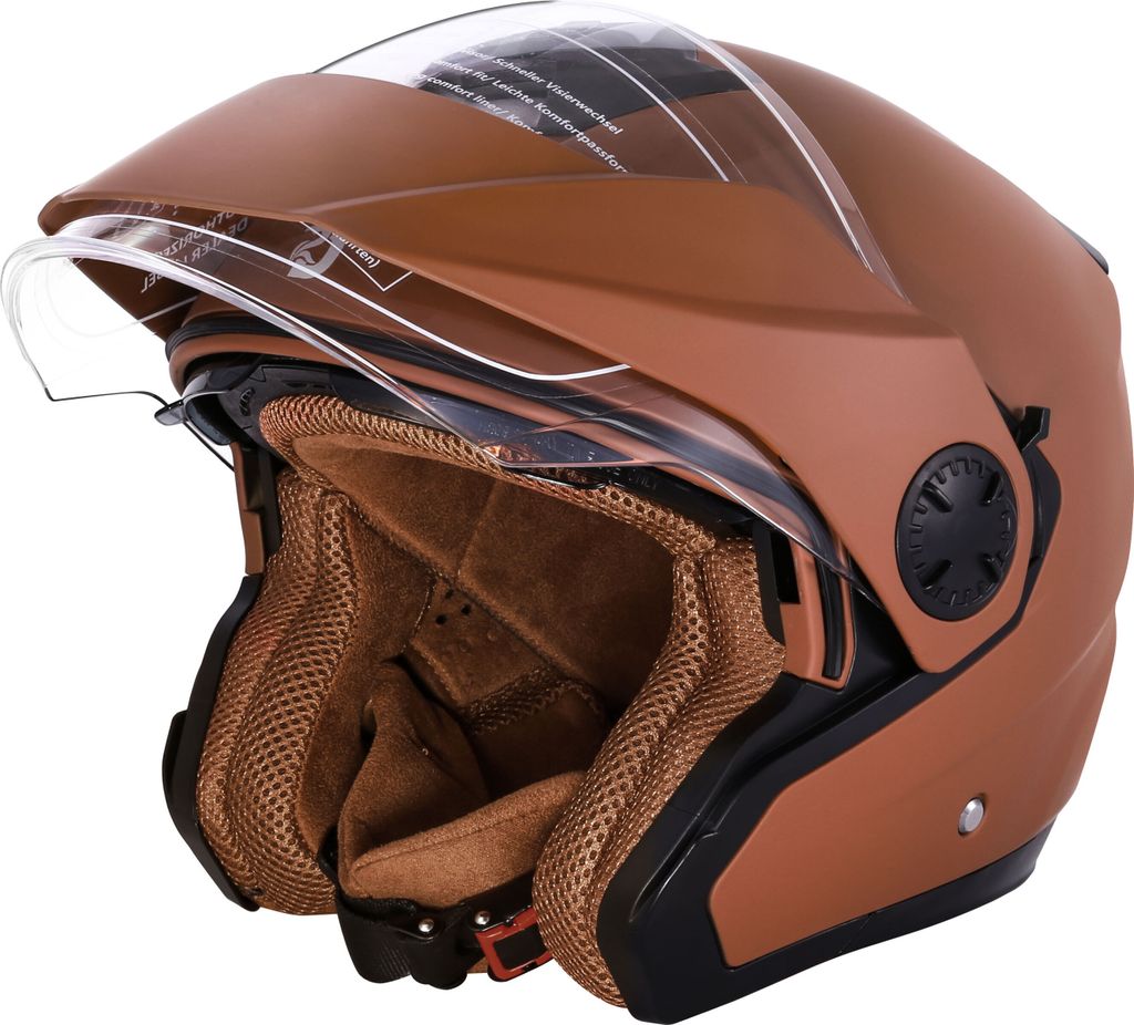 Jethelm Motorradhelm Halbschalenhelm mit Doppelvisier Sturzhelm Mofa Scooter ECE22-06, Farbe Braun, Größe XL(60CM)