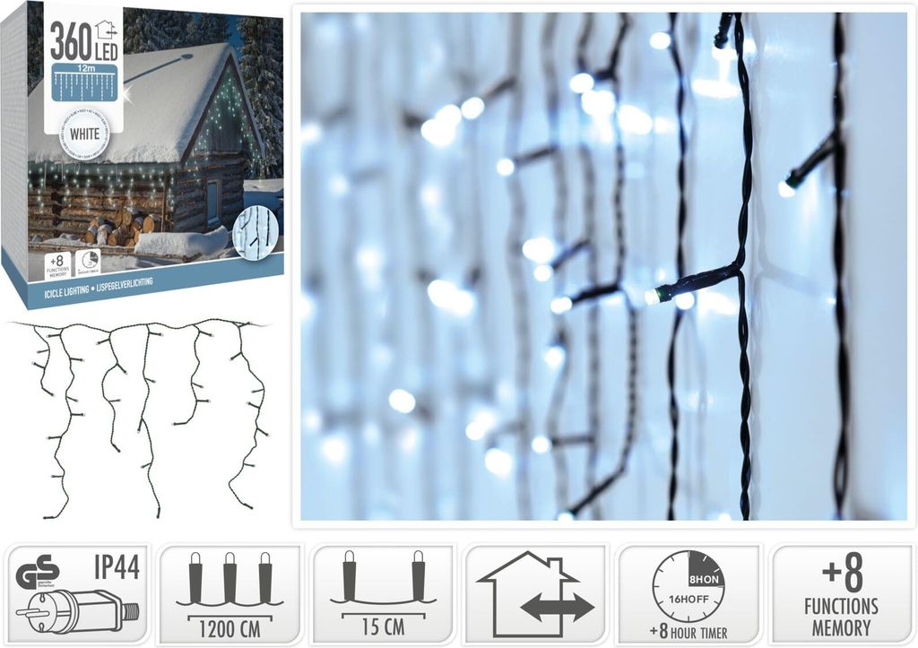 Collage of product packaging, a diagram of icicle lights, and a close-up of the lights.