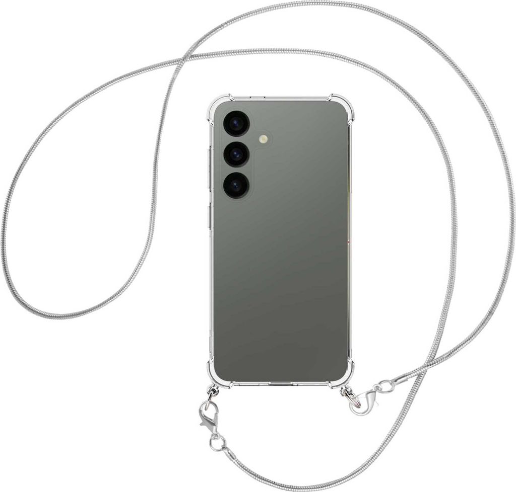 Handykette Backcover-Schutzhülle mit Band (Metall silberfarben) für Samsung Galaxy S24 - silberfarbene Snake-Kette