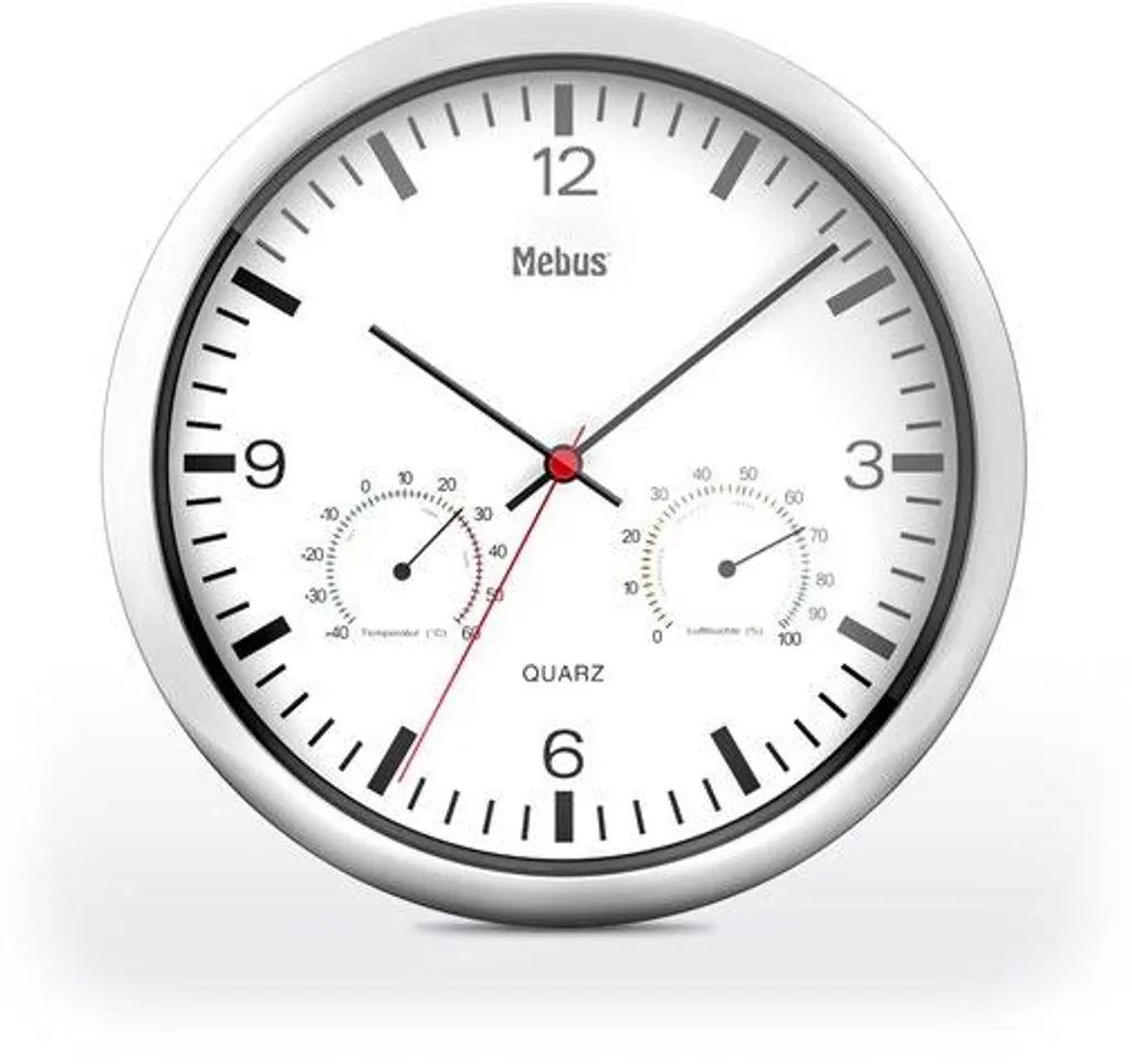 Horloge météo ronde argentée de 25 cm, pendule murale multifonction