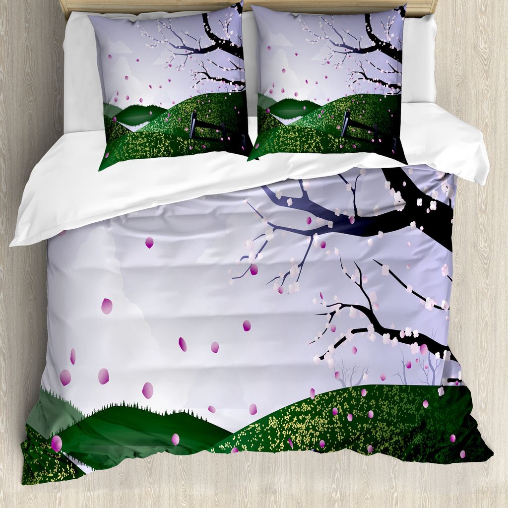 ABAKUHAUS Blumen-Landschaften Bettbezug Set für Einzelbetten, Frühlings-Zeit-Szene, Milbensicher Allergiker geeignet mit Kissenbezug, 200 cm x 20...