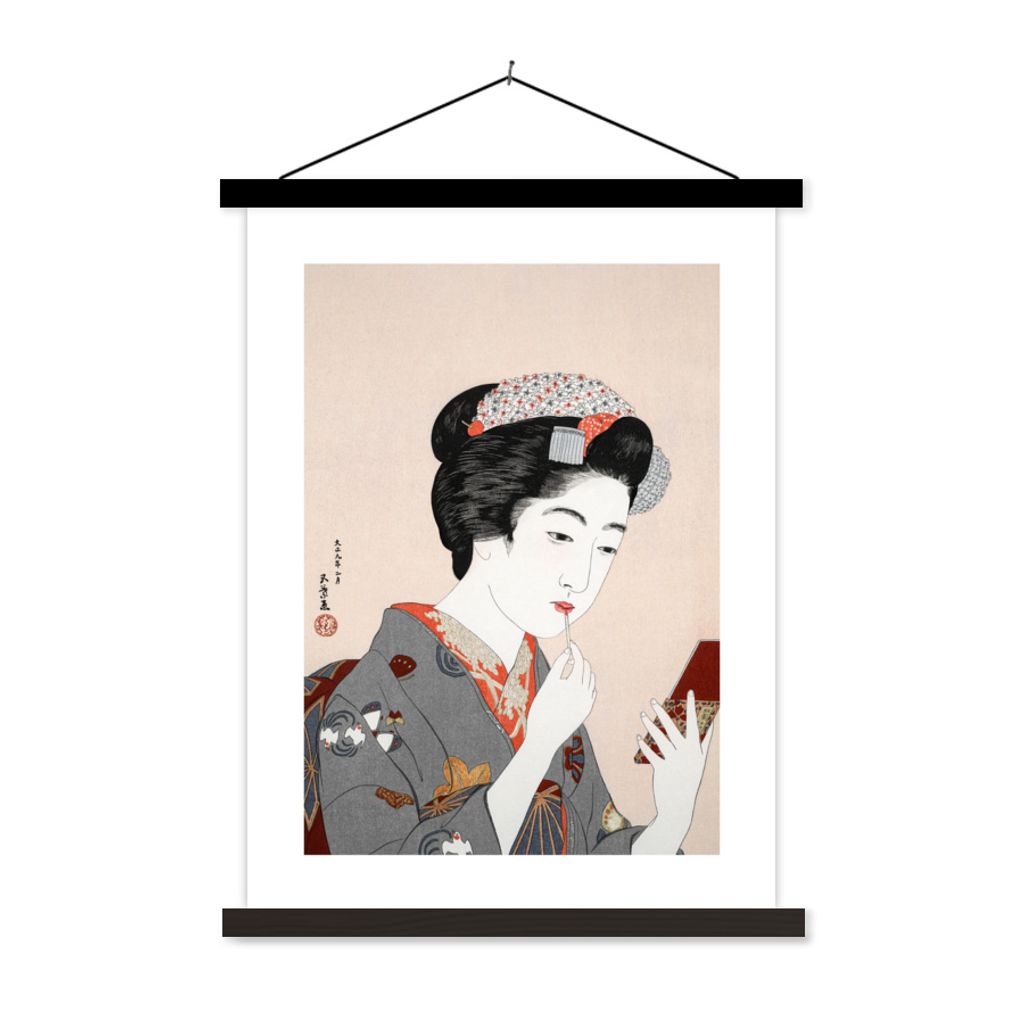 MuchoWow Textilposter Vintage - Frau - Schminken - Japan 90x120 cm mit schwarzem Rahmen - Dekoration