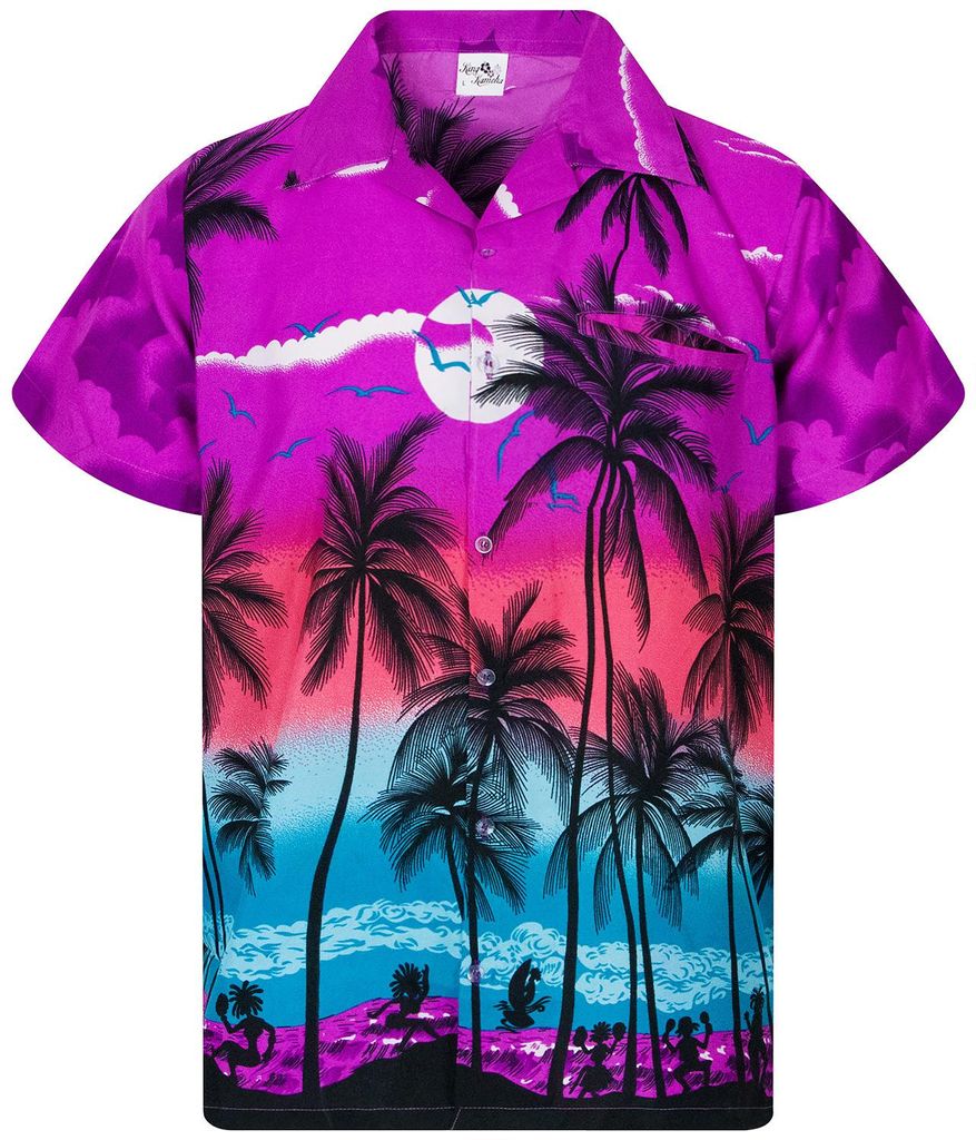 King Kameha Hawaiihemd "Beach" in Violett Herren Hawaii-Hemd Kurzarm Front-Tasche Stylish