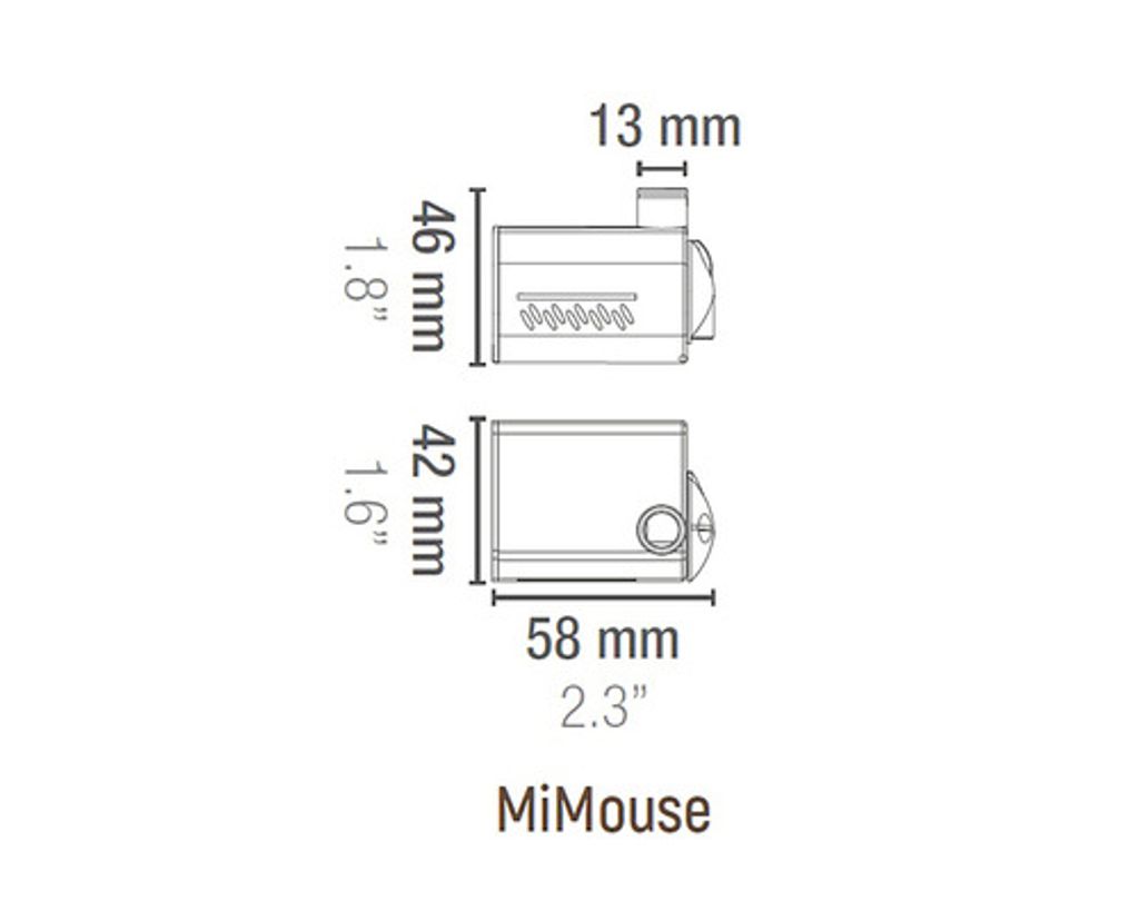 Technical drawing with dimensions for a product labeled MiMouse.