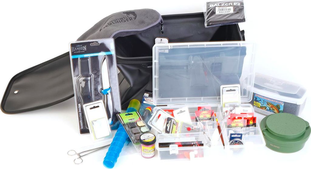 Gerlinger Forellensee-Zubehör-Komplett-Set - Angelset zum Forellenangeln/ Barschangeln - Tasche, Haken, Spinner, Posen, Filetiermesser u. v. m.