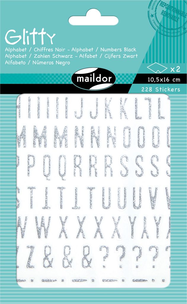 Maildor 10x Glitty, 2 Stickerbogen 10,5x16cm, Alphabet/Zahlen, silber AE071O