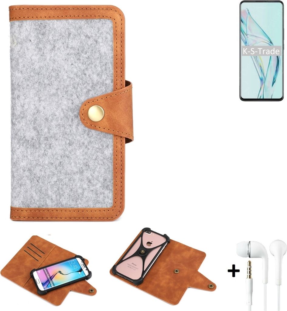 K-S-Trade Handyhülle + Kopfhörer kompatibel mit ZTE Axon 30 5G Schutzhülle Filz Hülle Kunstleder hellgrau braun (1x)