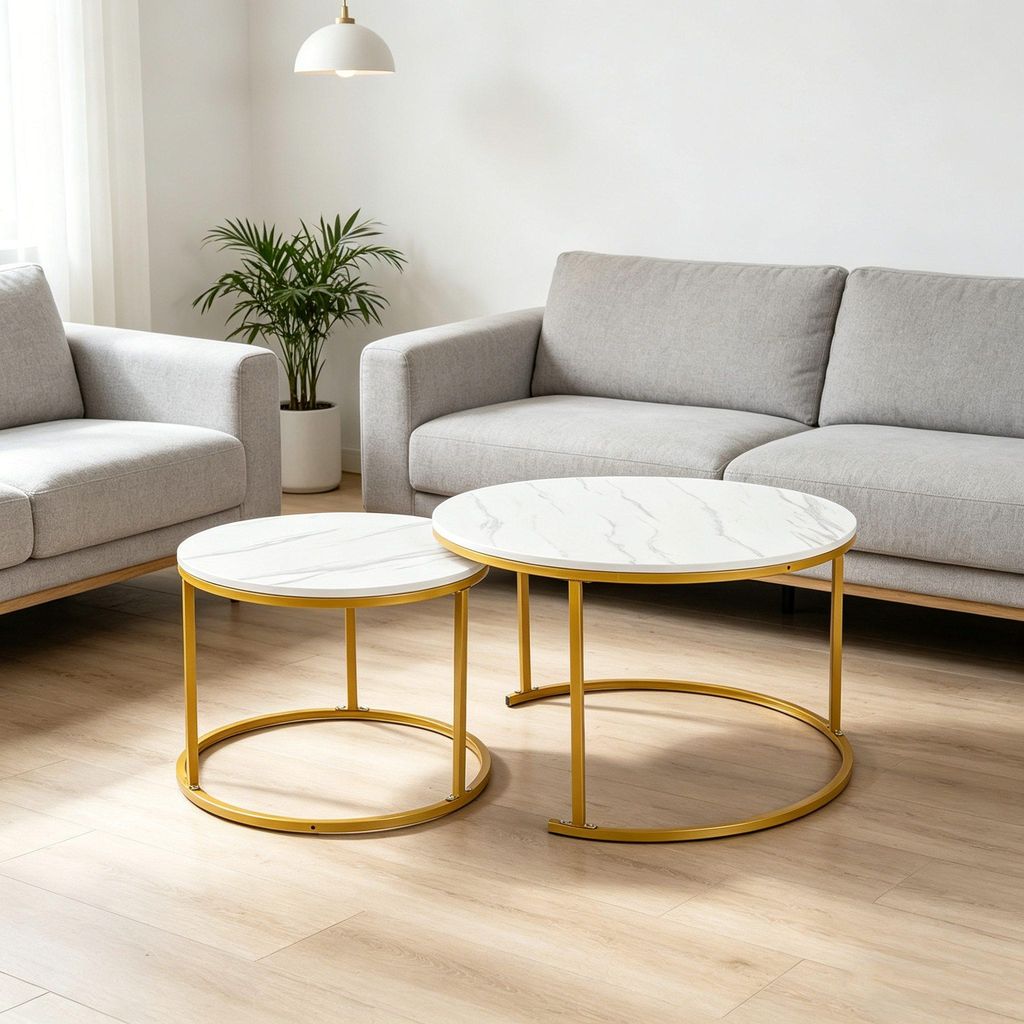 Couchtisch Rund aus Holz,Satztisch 2er Set,Imitation Marble Produktbild 