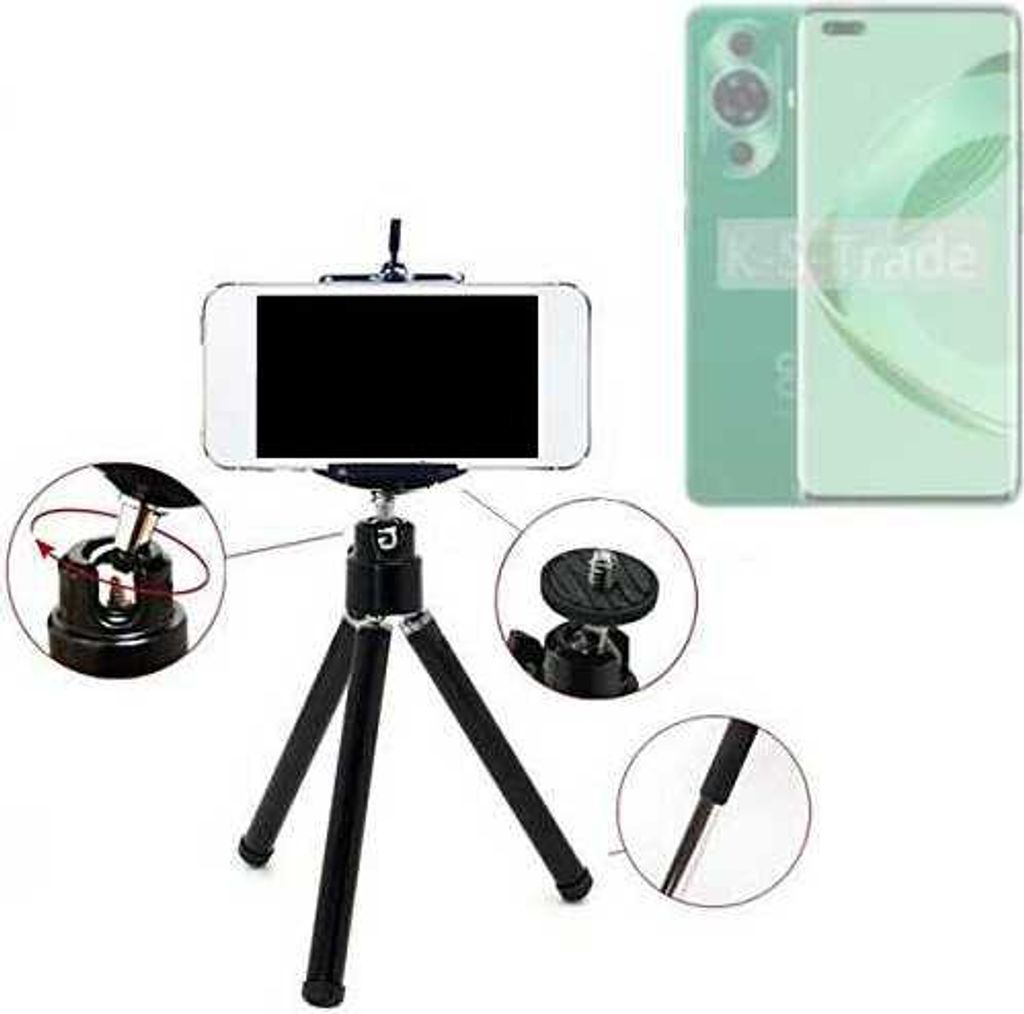 K-S-Trade Smartphone Stativ Dreibein kompatibel mit Huawei Nova 11 Pro Tripod aus Aluminium Klemmstativ Stativ Adapter für Mobiltelefone schwarz 1x